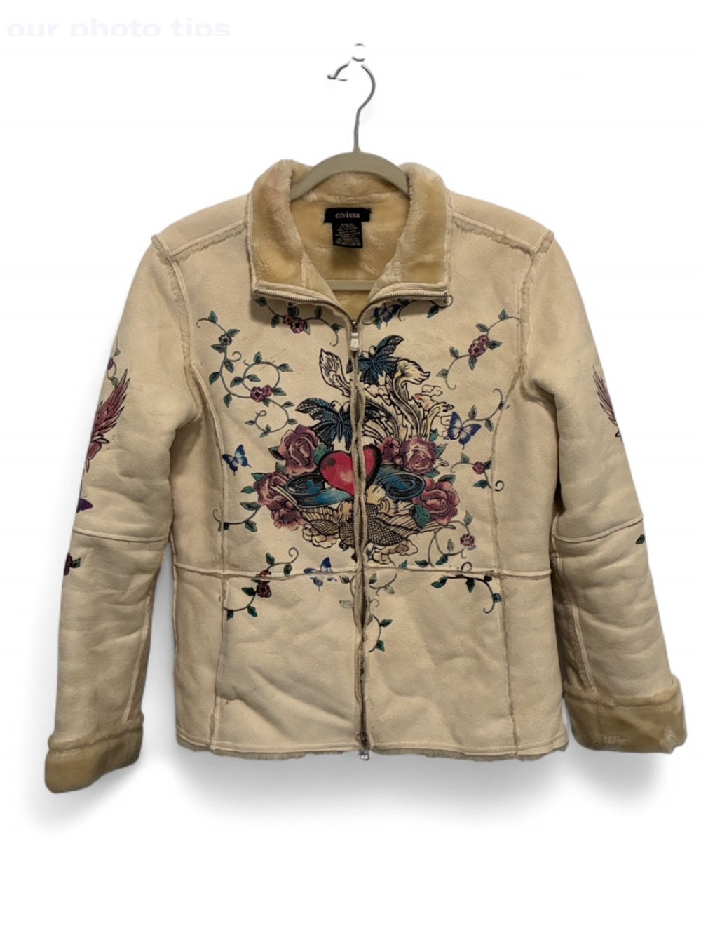 Eivissa Faux Fur Lining Heart Sword Graphics Cream Women's Jacket